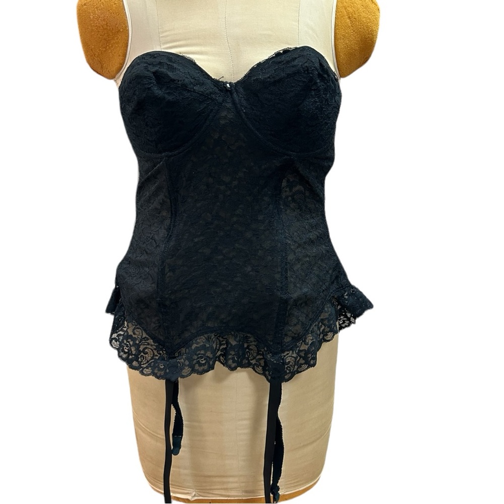 VTG Sears Strapless Bustier with Garter Hooks Sz 36C Black Floral Lace Un…